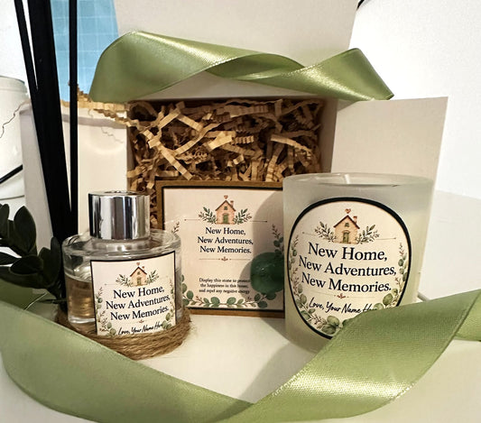 Personalised New Home Gift Set – Handmade Scented Candle, Reed Diffuser & Protection Crystal