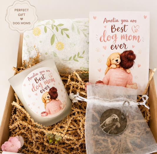 Personalised Dog Mom Gift Box – Photo Keyring & Candle