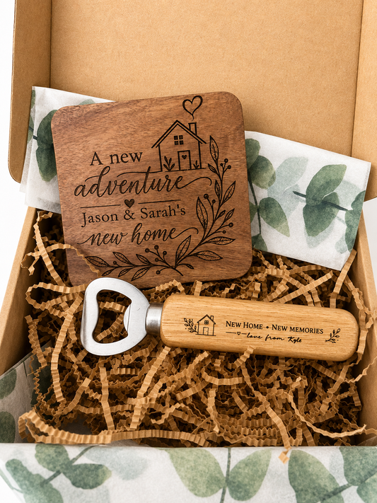 Personalised New Home Gift Box – Engraved Coaster & Bottle Opener