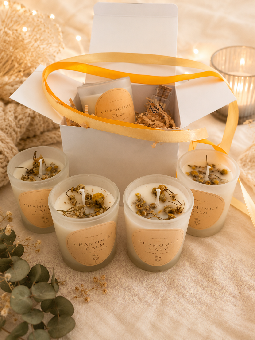 Calming Camomile Hand Poured Soy Self Care Self Love Candle Gift Set Anti Stress