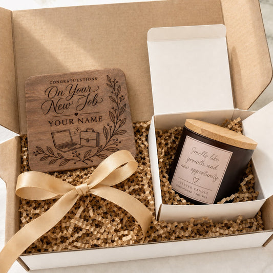 Personalised new job gift set with engraved coaster and scented candle in open gift box