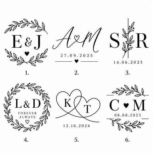 Six engraving design options for personalised engagement or wedding chopping board