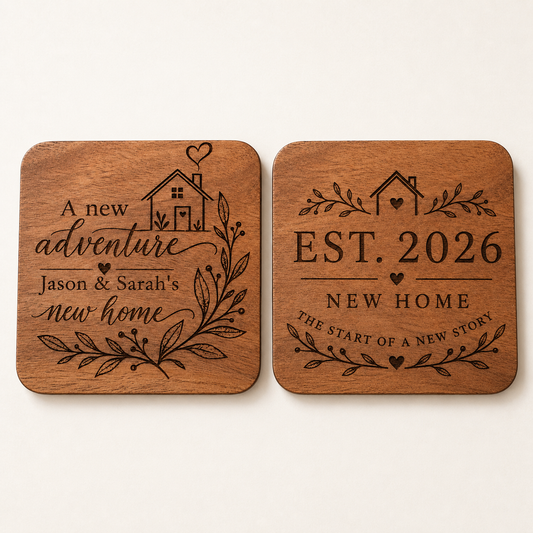 Two engraved wooden new home coasters including personalised names and established year design