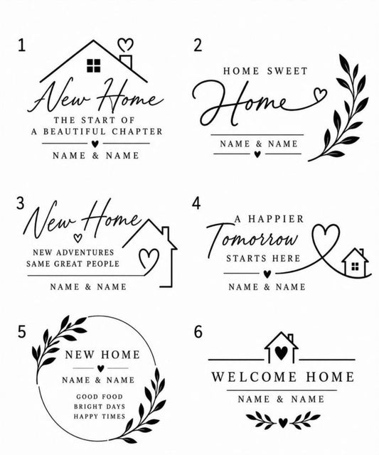New home engraving design choices 1 to 6 for personalised boards