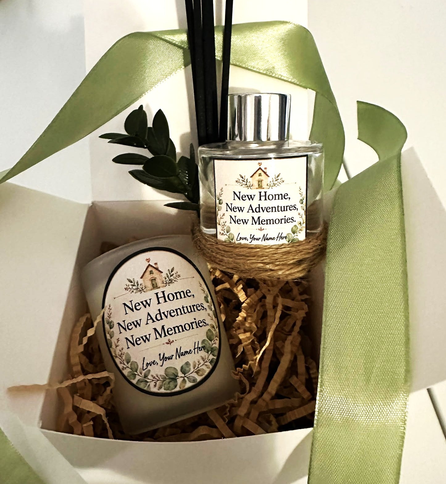 Personalised New Home Gift Set – Handmade Scented Candle, Reed Diffuser & Protection Crystal