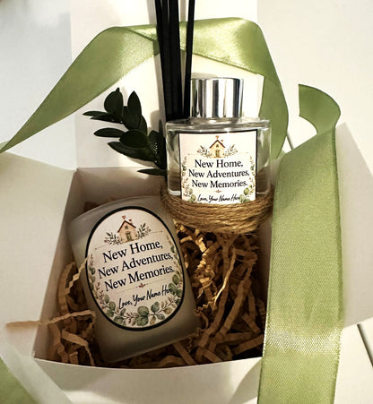 Personalised New Home Gift Set – Handmade Scented Candle, Reed Diffuser & Protection Crystal