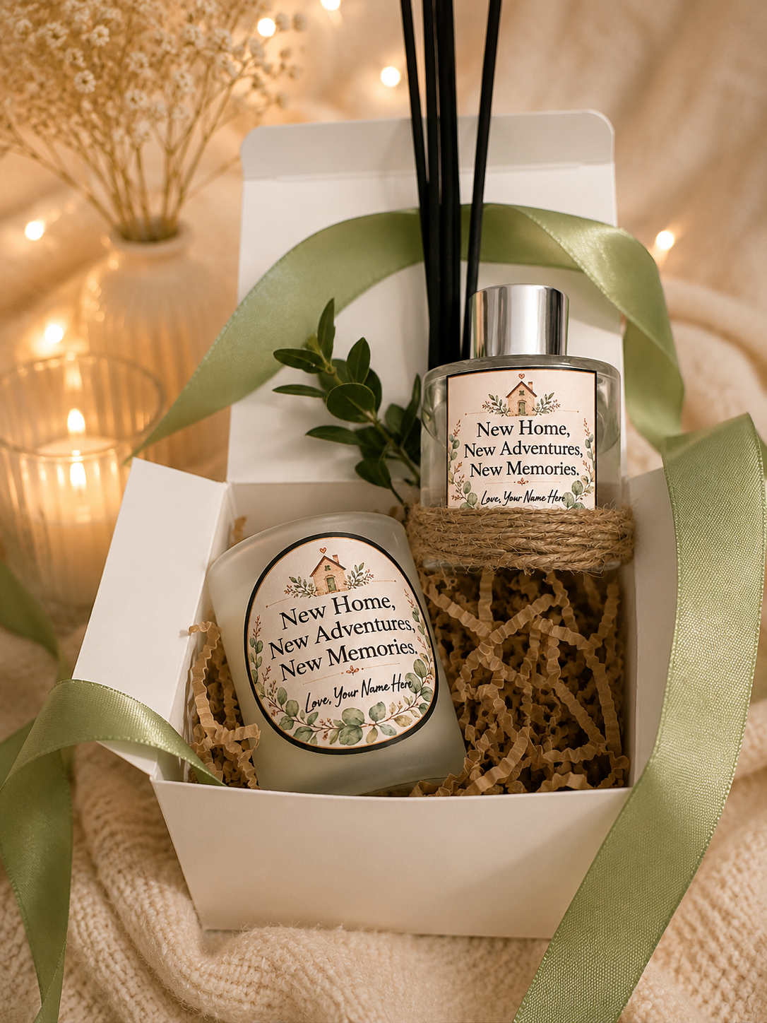 Personalised New Home Gift Set – Handmade Scented Candle, Reed Diffuser & Protection Crystal