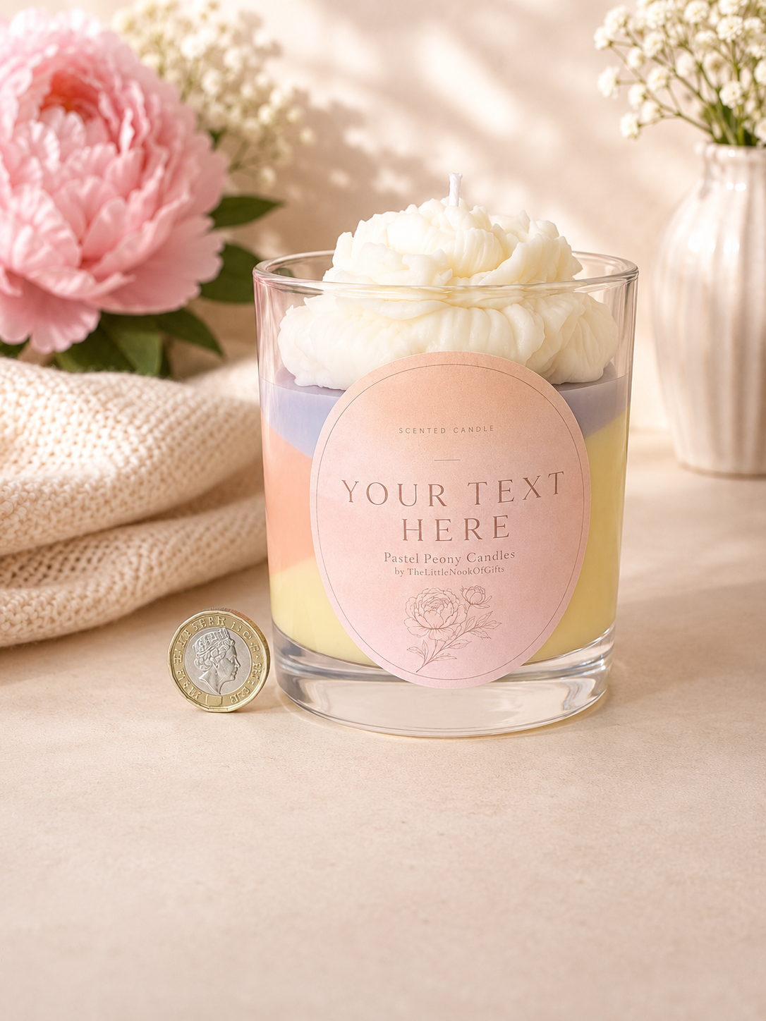 Personalised Pastel Peony Scented Candle – Custom Text Floral ,Handmade