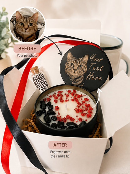 Personalised Pet Photo Hand Poured Candle, Custom Laser Engraved Lid, Pet Memorial Gift