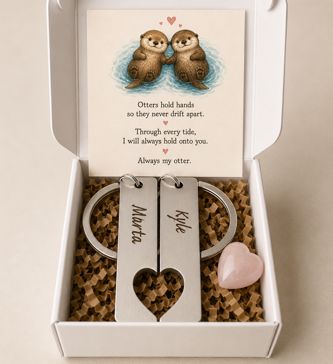 Personalised Couples Friends Family Keyrings Set Matching Heart Gift Box Otters