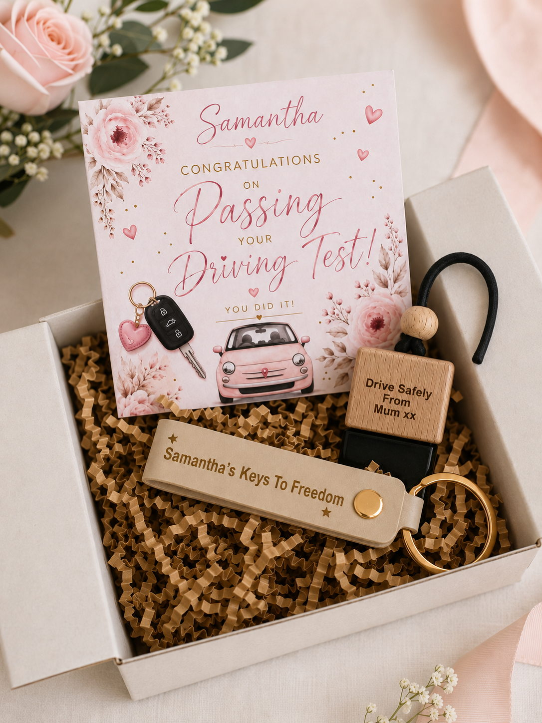 Personalised new driver gift box for her with keyring and car freshener