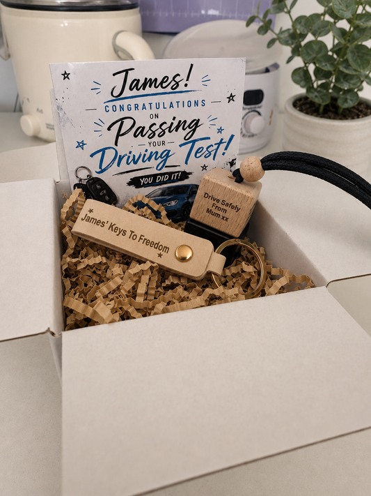 Personalised new driver gift box for him with keyring and car freshener