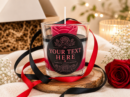 Personalised Rose Candle, Handmade Scented Gift, Black & Red Floral, Custom Message