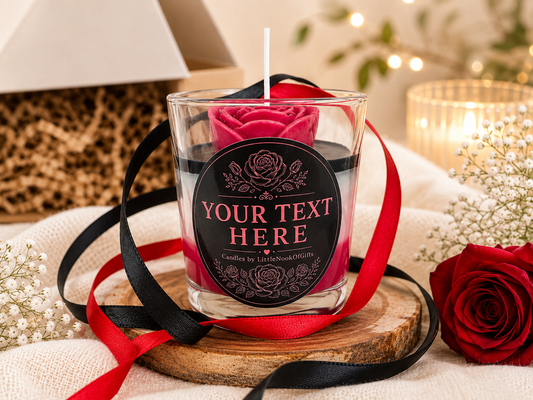 Personalised Rose Candle, Handmade Scented Gift, Black & Red Floral, Custom Message