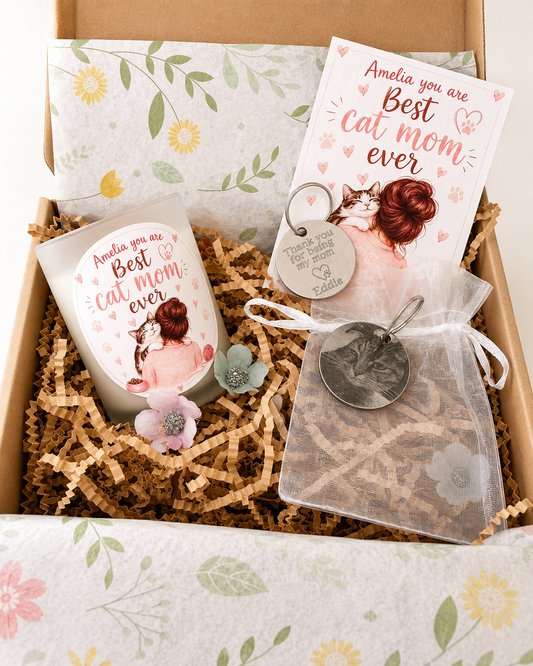 Personalised Cat Mom Gift Box – Photo Keyring & Candle