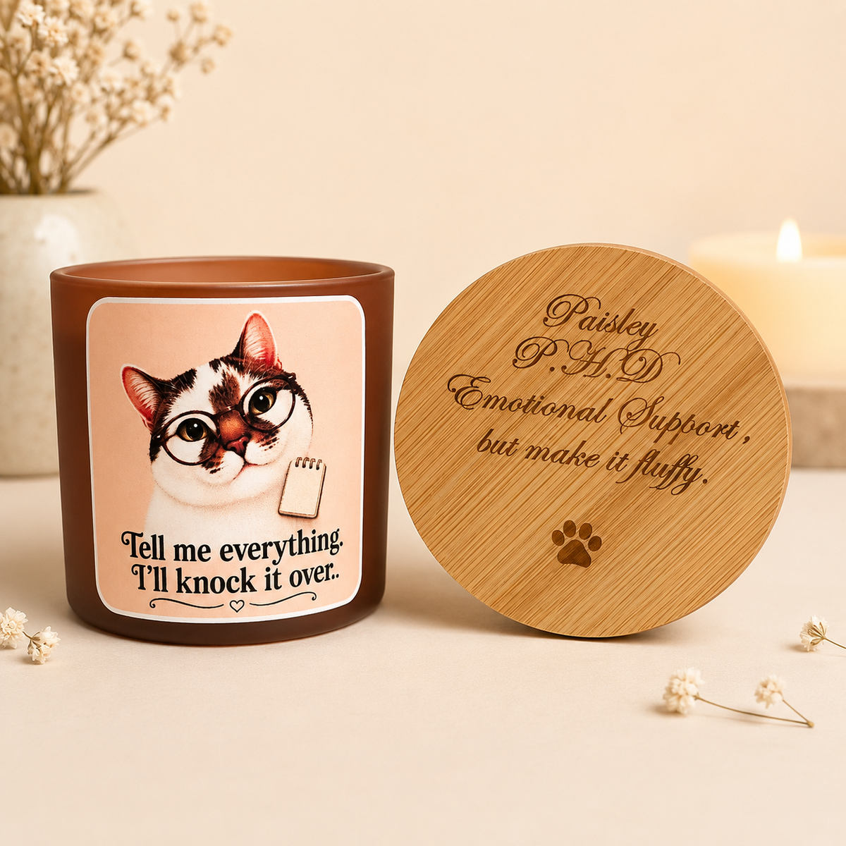 Personalised cat photo candle with funny pet therapist Knock It Over design