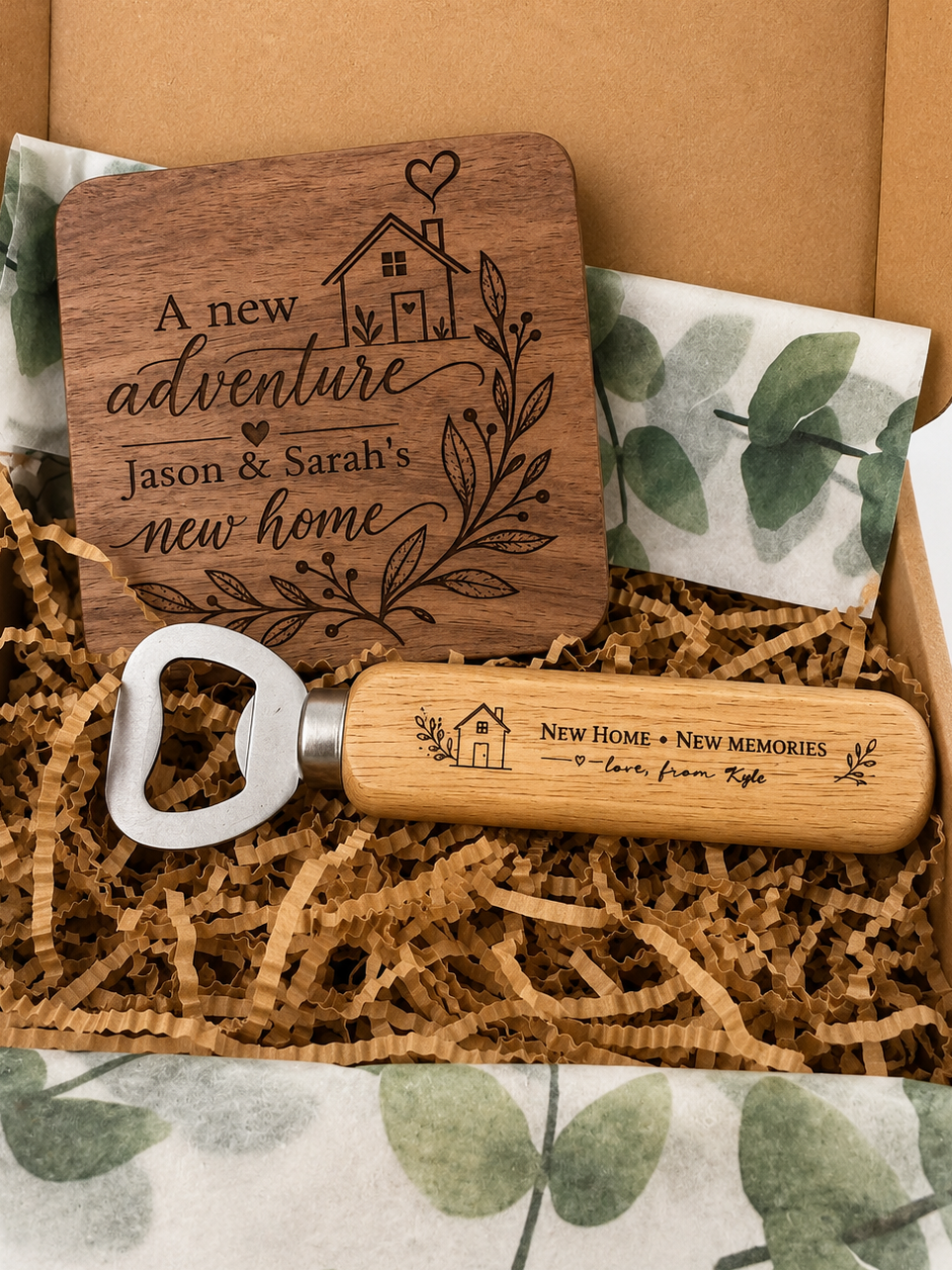 Personalised new home gift box with engraved wooden coaster and bottle opener