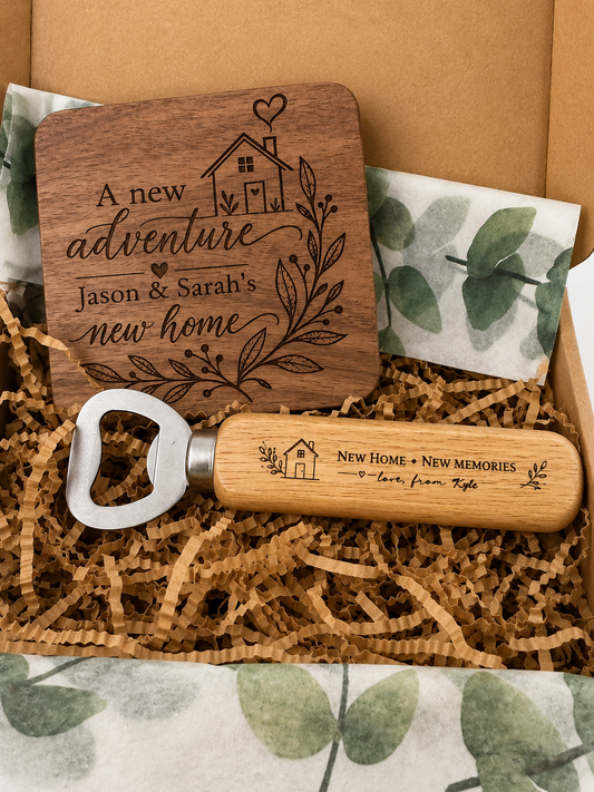 Personalised new home gift box with engraved wooden coaster and bottle opener