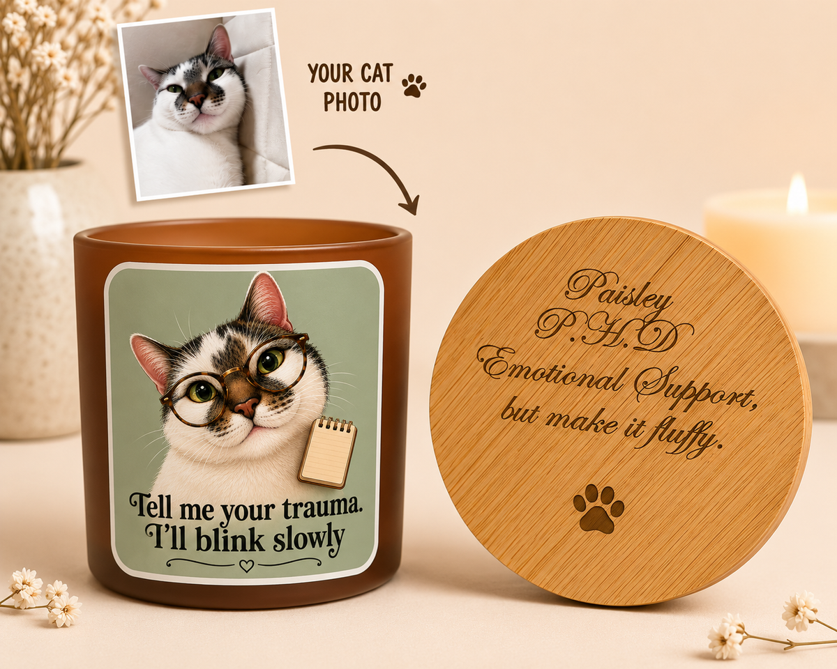 Personalised cat photo candle with funny pet therapist design
