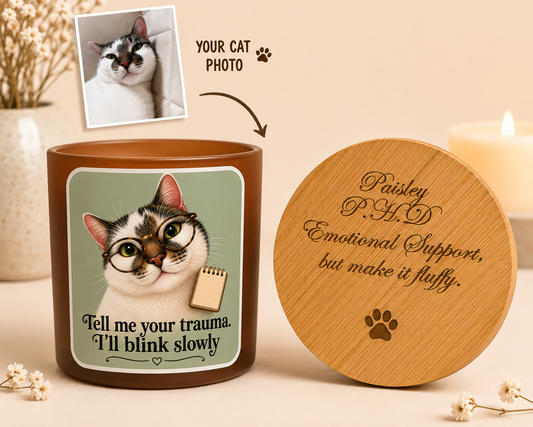 Personalised cat photo candle with funny pet therapist design