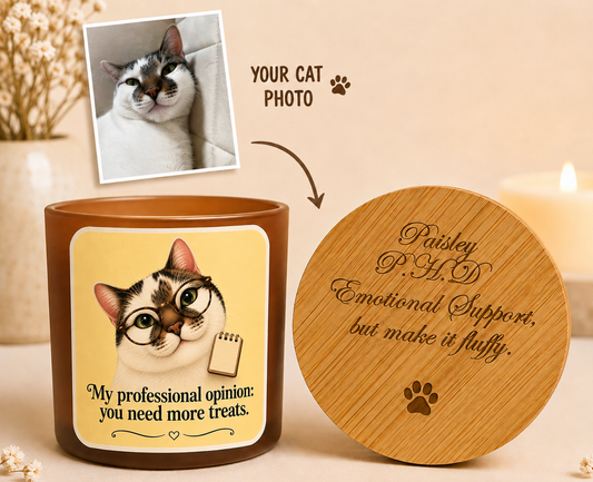 Personalised cat photo candle with funny pet therapist More Treats design