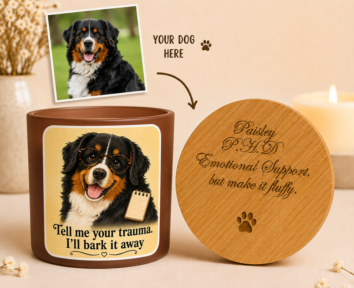 Personalised dog photo candle with funny pet therapist Bark It Away design