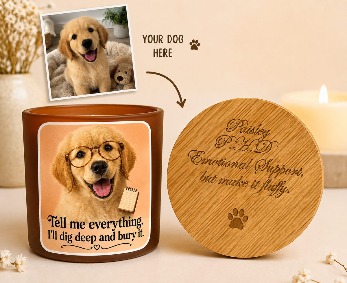 Personalised dog photo candle with funny pet therapist Dig Deep design