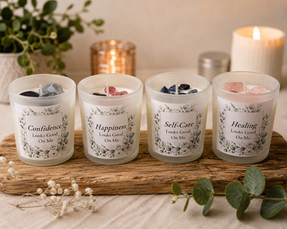 Handmade Crystal Scented Candle – Self-Care, Healing, Happiness & Confidence Gift Set