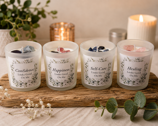 Handmade Crystal Scented Candle – Self-Care, Healing, Happiness & Confidence Gift Set