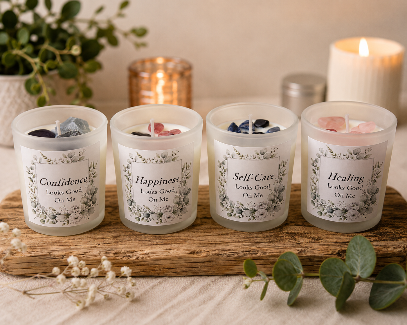 Handmade Crystal Scented Candle – Self-Care, Healing, Happiness & Confidence Gift