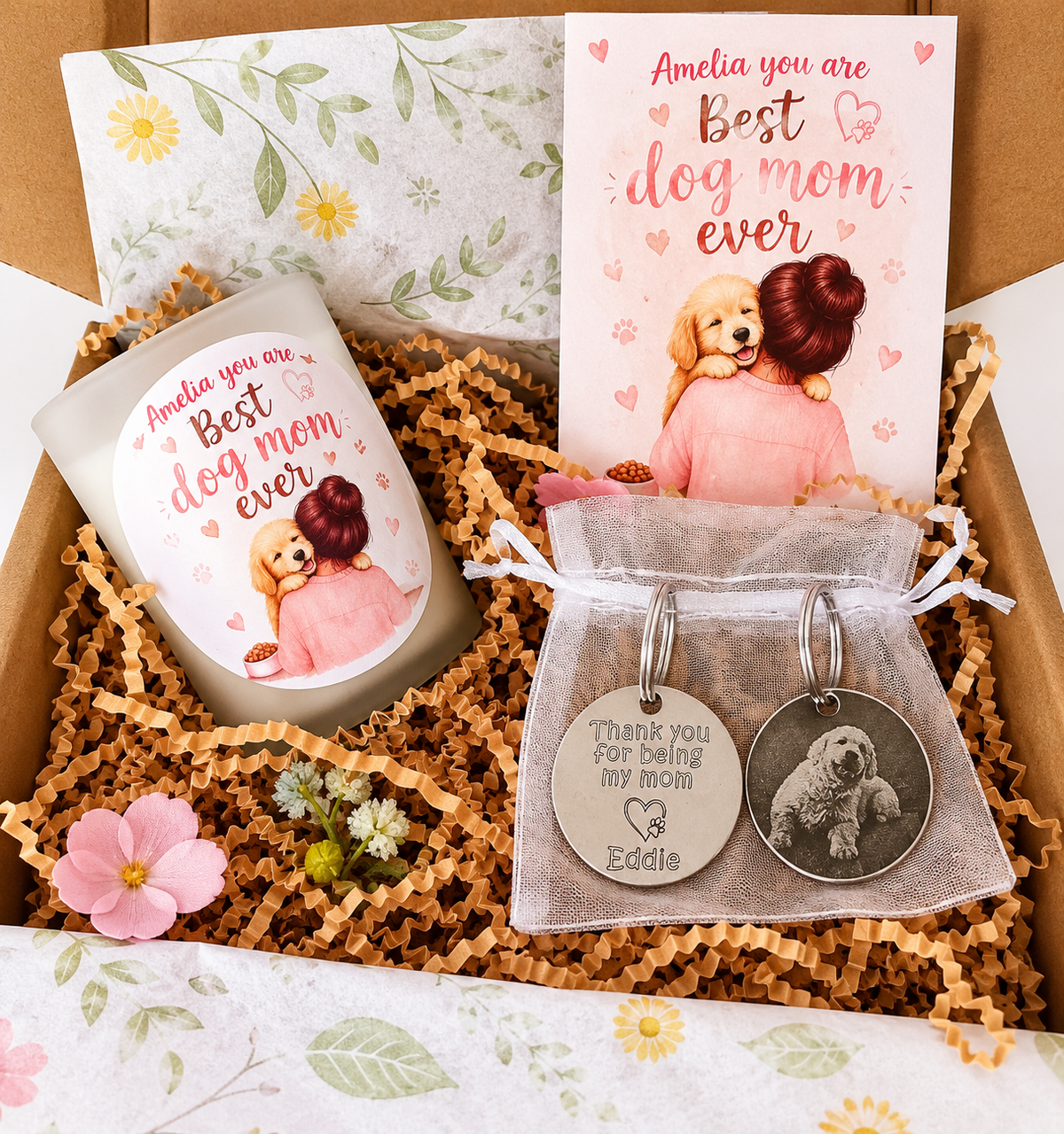 Personalised Dog Mom Gift Box – Photo Keyring & Candle