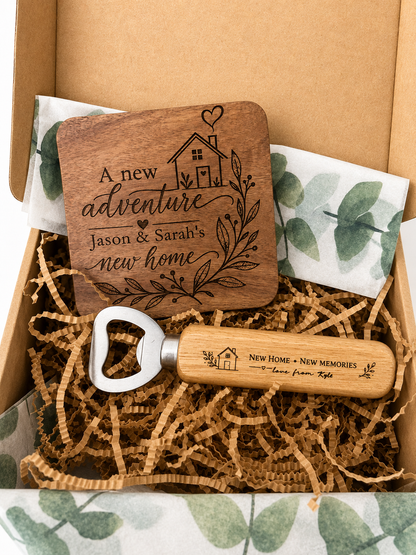 Personalised New Home Gift Box – Engraved Coaster & Bottle Opener