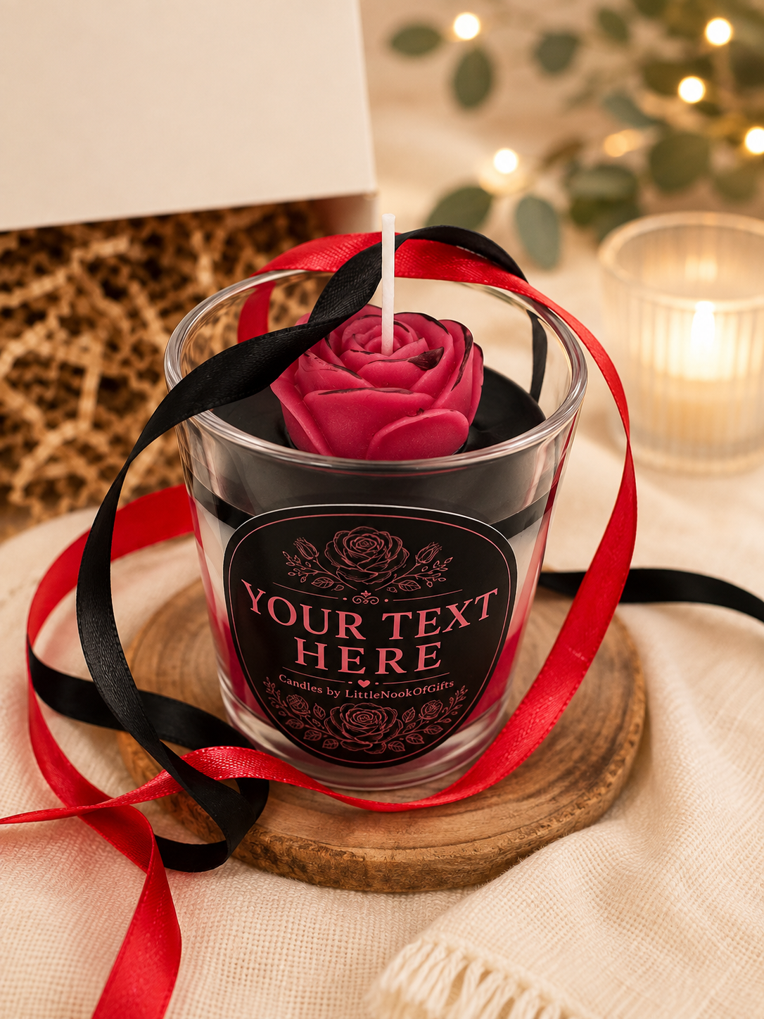 Personalised Rose Candle, Handmade Scented Gift, Black & Red Floral, Custom Message
