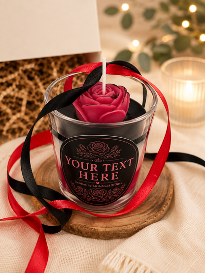 Personalised Rose Candle, Handmade Scented Gift, Black & Red Floral, Custom Message