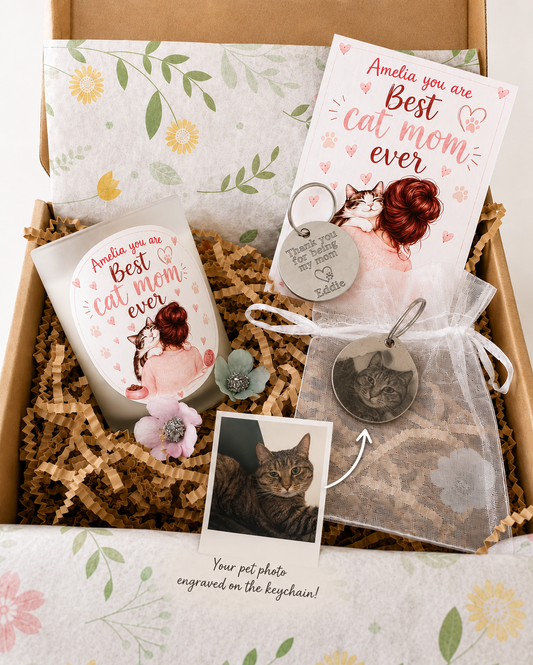 Personalised cat mum gift box with photo keyring and candle