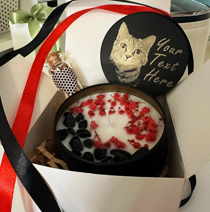 Personalised Pet Photo Hand Poured Candle, Custom Laser Engraved Lid, Pet Memorial Gift