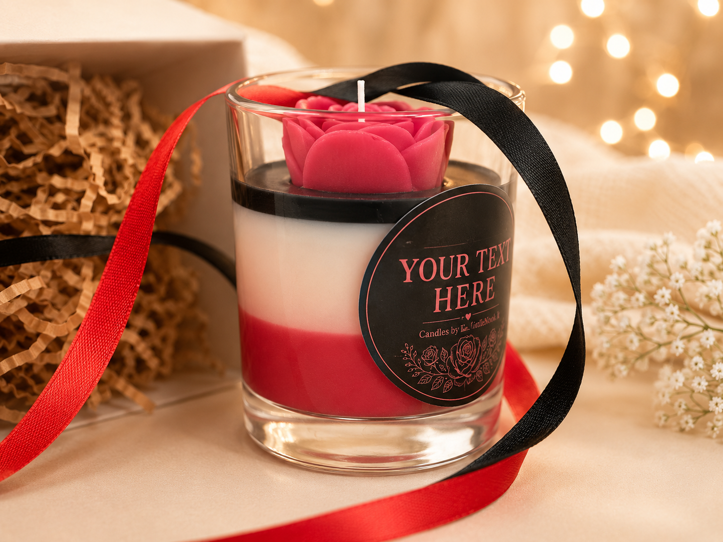 Personalised Rose Candle, Handmade Scented Gift, Black & Red Floral, Custom Message