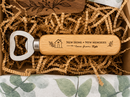 Personalised New Home Gift Box – Candle, Coaster & Bottle Opener