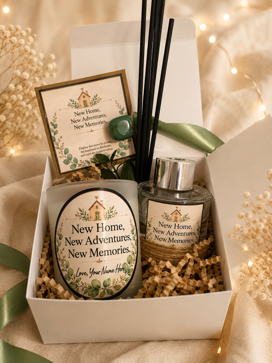 Personalised New Home Gift Set – Handmade Scented Candle, Reed Diffuser & Protection Crystal