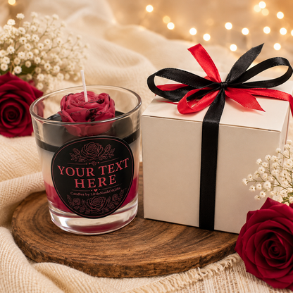 Personalised Rose Candle, Handmade Scented Gift, Black & Red Floral, Custom Message