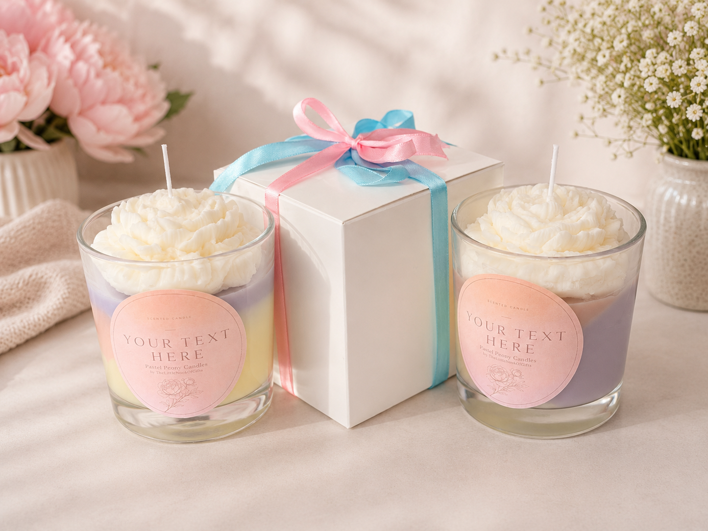 Personalised Pastel Peony Scented Candle – Custom Text Floral ,Handmade