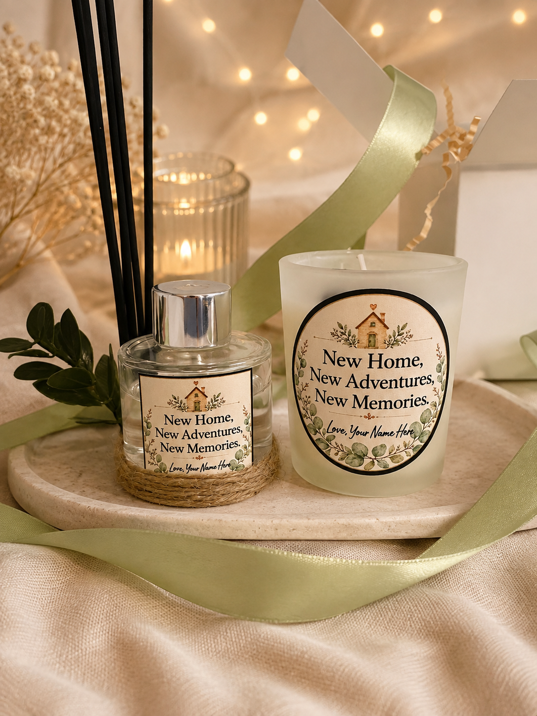 Personalised New Home Gift Set – Handmade Scented Candle, Reed Diffuser & Protection Crystal