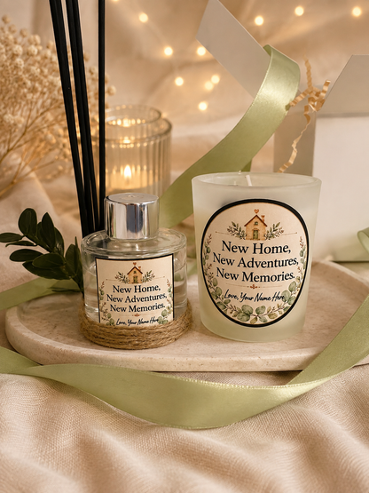 Personalised New Home Gift Set Handmade Scented Candle Reed Diffuser