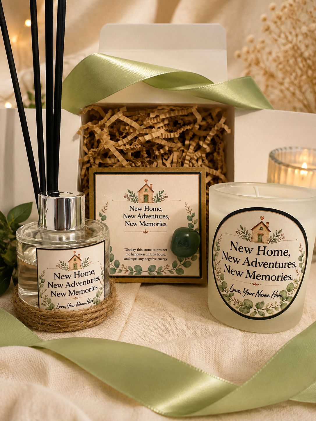 Personalised New Home Gift Set – Handmade Scented Candle, Reed Diffuser & Protection Crystal