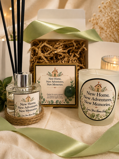 Personalised New Home Gift Set – Handmade Scented Candle, Reed Diffuser & Protection Crystal