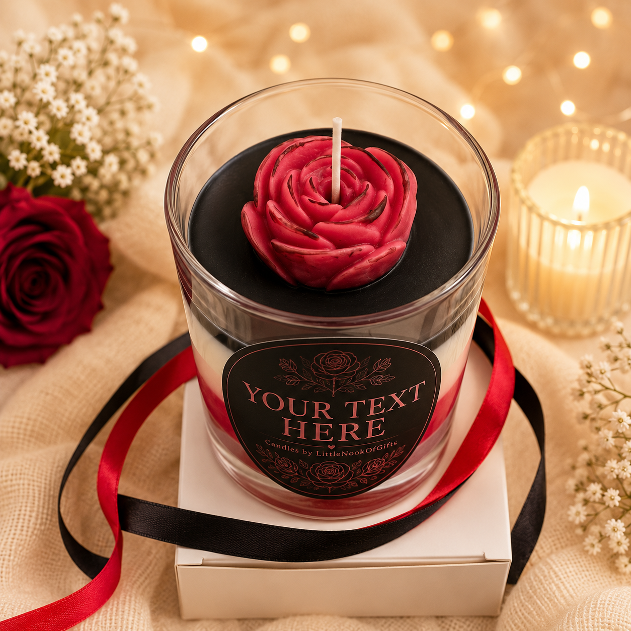 Personalised Rose Candle, Handmade Scented Gift, Black & Red Floral, Custom Message