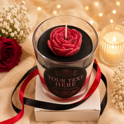 Personalised Rose Candle, Handmade Scented Gift, Black & Red Floral, Custom Message