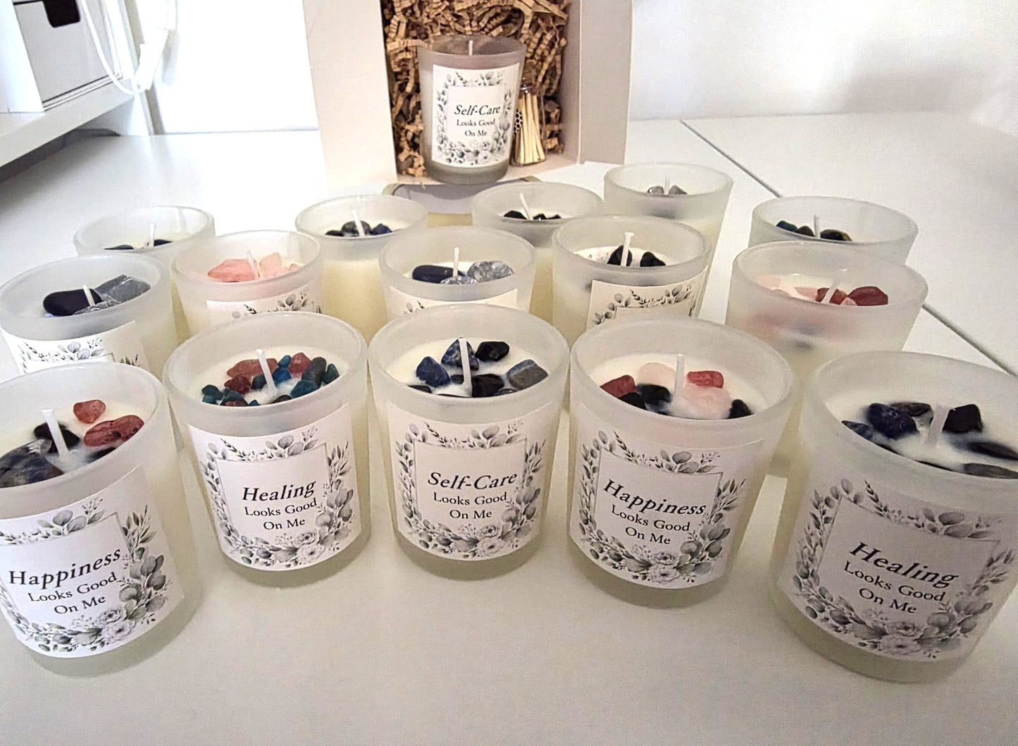 Handmade Crystal Scented Candle – Self-Care, Healing, Happiness & Confidence Gift Set