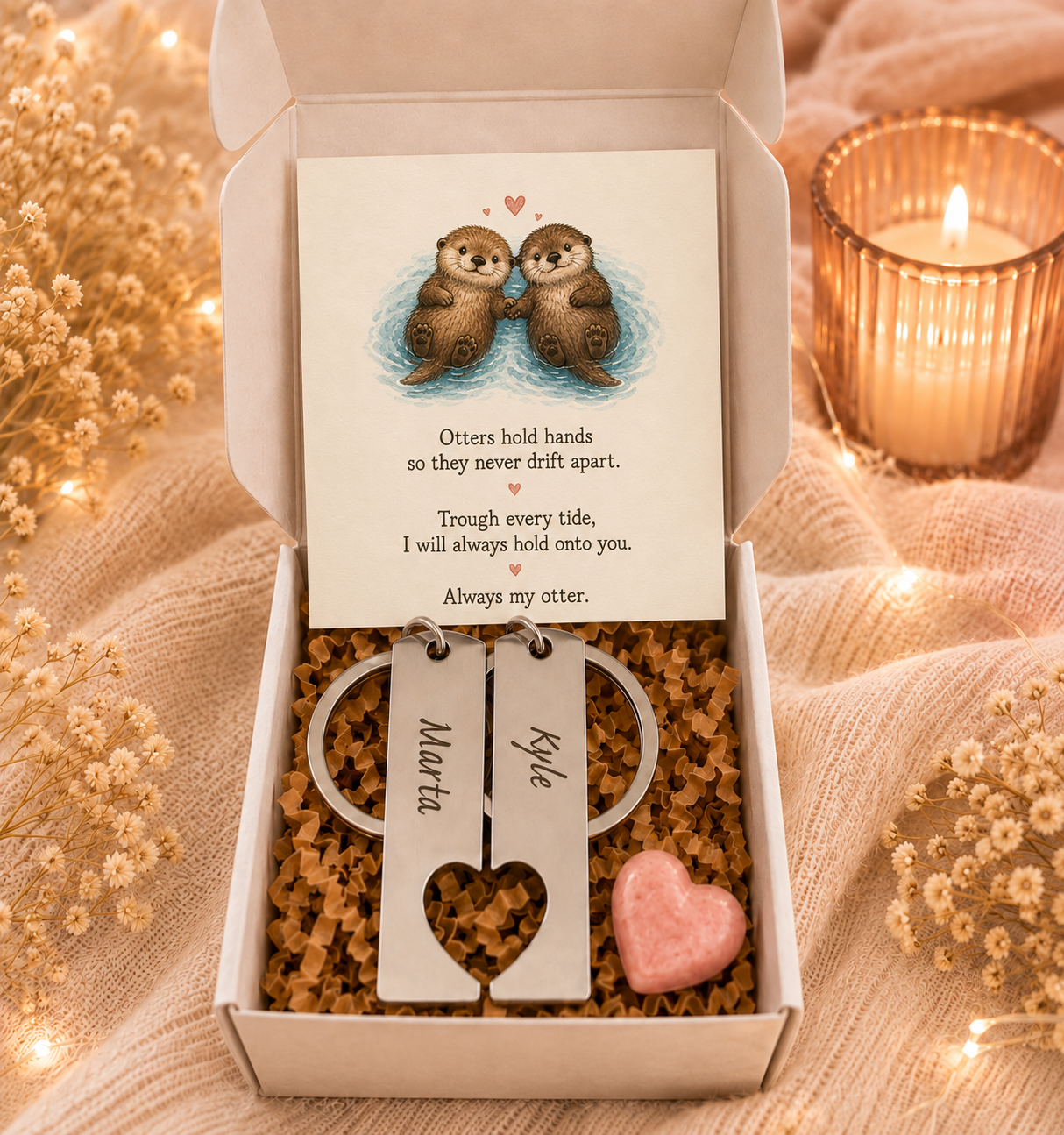Personalised Couples Friends Family Keyrings Set Matching Heart Gift Box Otters