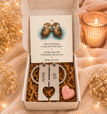 Personalised Couples Friends Family Keyrings Set Matching Heart Gift Box Otters